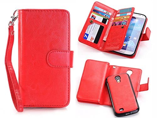 Galaxy S4 Case, Liberwill Flip Cover Galaxy S4 Wallet Case Folio PU Leather Holster Protective Shell Magnetic Removable Slim Back Cover Card Holder Slots Wrist Strap for Samsung Galaxy S4 Red