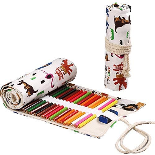 Colored Canvas 36 Slots Stylus Pencil Case/Pen Holder/Roll Up Wrap Pouch/Makeup Brush Carrying Bag Organizer Great Gifts for Artist Kids Adult Travel Drawing Coloring Pencil(1 Piece/Pack-Animal)