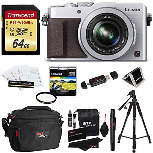 Panasonic LUMIX LX100 16.8 MP Four Thirds CMOS sensor Point and Shoot Camera with Integrated Leica DC Lens (Silver) + 64GB SDXC U3 + 50" Tripod + Deluxe Case + 43mm UV Filter + Extra Accessories