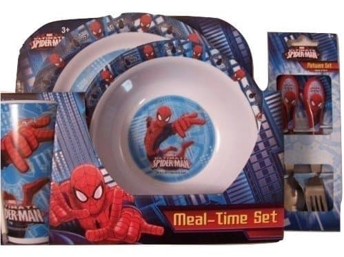 Marvel Ultimate Spiderman 5 Piece KCARE Dining Set ~ Plate, Bowl, Cup, Fork, Spoon (Spidey on Blue)