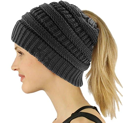 COCO LEE Chic Dark Gray Knit Hat Cable Beanie Stretch Chunky Winter Bun Ponytail Beanie Tail Womens Ponytail Messy Bun Beanie Solid Ribbed Hat Cap for Women Girls