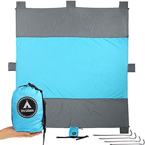 Sandless Beach/Picnic Blanket + E-book about Safe Sun Tanning – Large (7’ × 9’) – Compact &amp; Lightweight Mat – Quick-Drying &amp; Durable Nylon – Perfectly Anchored with 4 Stakes &amp; 6 Fillable Pockets