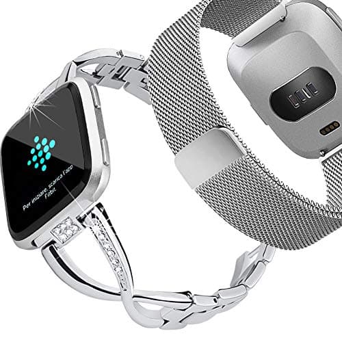 Oitom Metal Bands Compatiable with Versa Smartwatch Lite Edition/Special Edition Women Men,2 Pack 1 Bling Fashion Band+1 Magnet Milanese Loop(Large Silver)