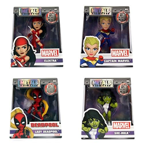 Jada Diecast Marvel Girls 4" Metal Bundle Set Captain Marvel, Lady Deadpool, She-Hulk, Elektra