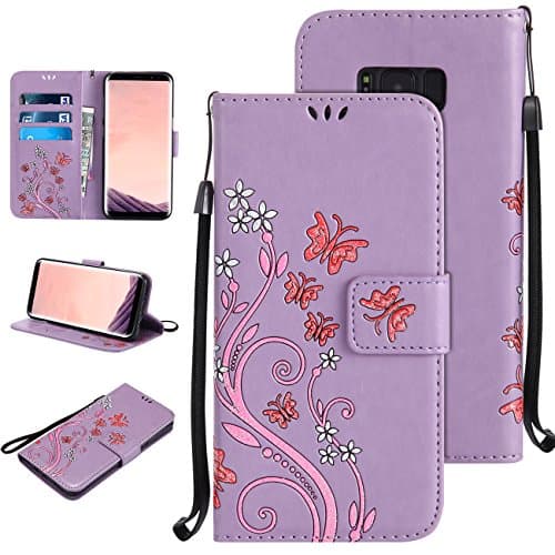 Galaxy S8 Cases,Flip Embossed PU Leather Wallet Case,CASEOWL Bling Floral Butterfly Embossed Kickstand Card Solts Lanyard Case for Galaxy S8-5.8 inch(Light Purple)