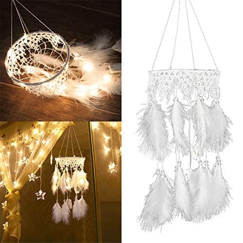 Led Dream Catcher with Warmwhite String Lights Decorative Hanging Feather Dreamcatcher Battery Powered Light Up Home Bedroom Wedding Birthday Decorations (White)