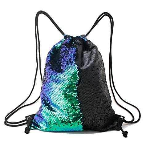 Donsane Mermaid Bag Reversible Sequin Drawstring Backpack Outdoor Dance Sport Cinch Bag,Fancy Green/Black
