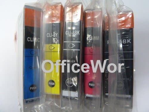 Officewor@5 PACK Canon PGI-5 / CLI-8 Edible Ink WITH CHIPS For Pixma: ip3500 / Pixma ip3300 / Pixma MP510 / Pixma MP520 / Pixma MX700