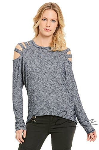 Elan Black Cold Shoulder Long Sleeve Top w/ Compact Mirror (HM1438) (Medium)