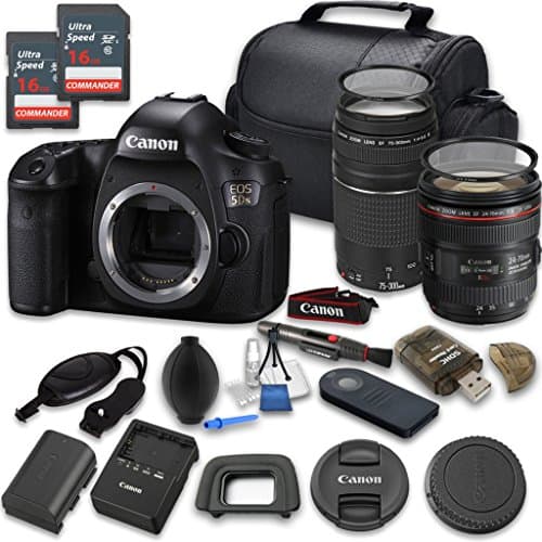 Canon EOS 5DS 50.6 Megapixel DSLR Camera with EF 24-70mm f/4.0L IS USM Lens + Canon EF 75-300mm f/4-5.6 III Lens with 2pc 16GB Memory Cards - International Version (No Warranty)