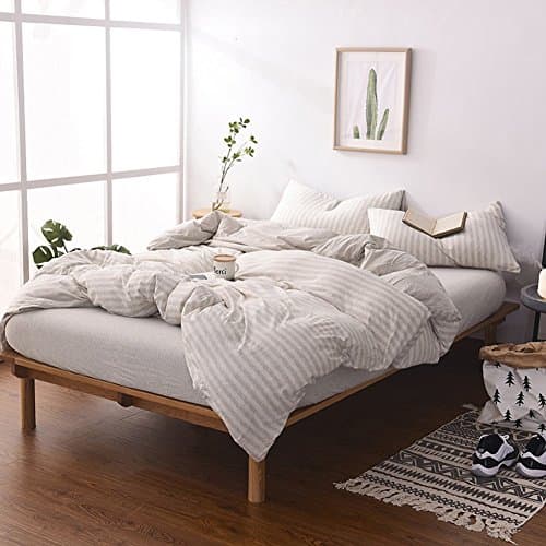 Adyonline 3 Pcs Jersey Cotton Comforter Cover Set,Stripe Pattern(1 Duvet Cover,2 Pillow Shams) Home Bedding Set---Soft&amp;Comfortable\Beige,Twin