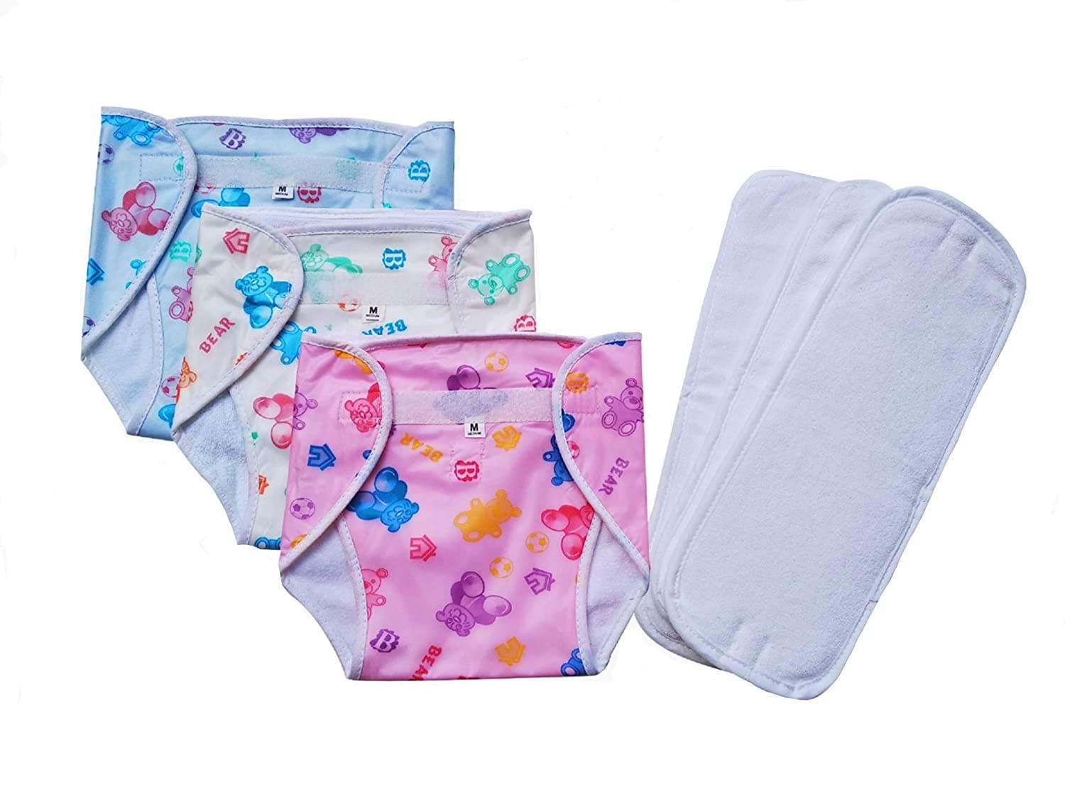Aman Artis Quick Dry Newborn Baby Reusable Outer Layer and Soft Terry Inner Layer Cotton Cloth Diapers with Removable 4 Layer Pad Insert (Colours and Designs May Vary, Medium, 4-8 Months) - Pack of 3
