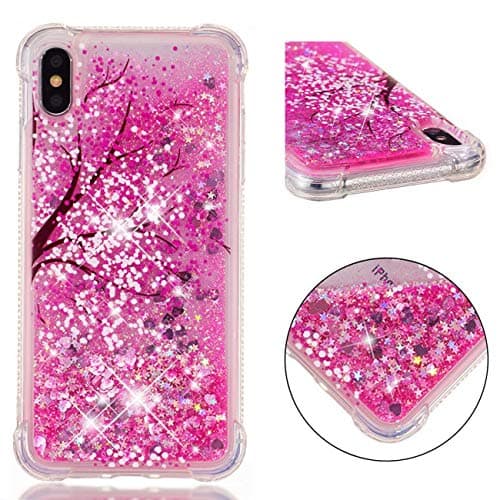 TOYYM Shockproof Case for iPhone Xs Max,Bling Liquid Glitter Case Air Cushion Drop Resistant Soft TPU Bumper Gel Protective Case Cover Compatible with iPhone Xs Max,Pink Flowers