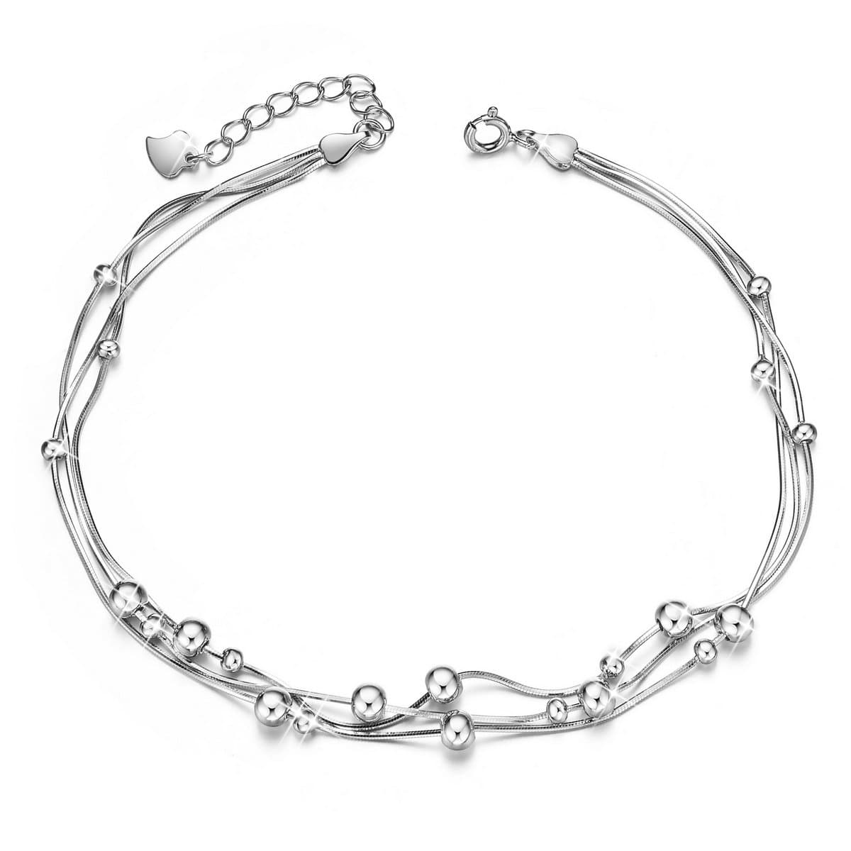 SHEGRACE 925 Sterling Silver Triple Layered Chain Anklets/Bracelet with Tiny Beads for Casual