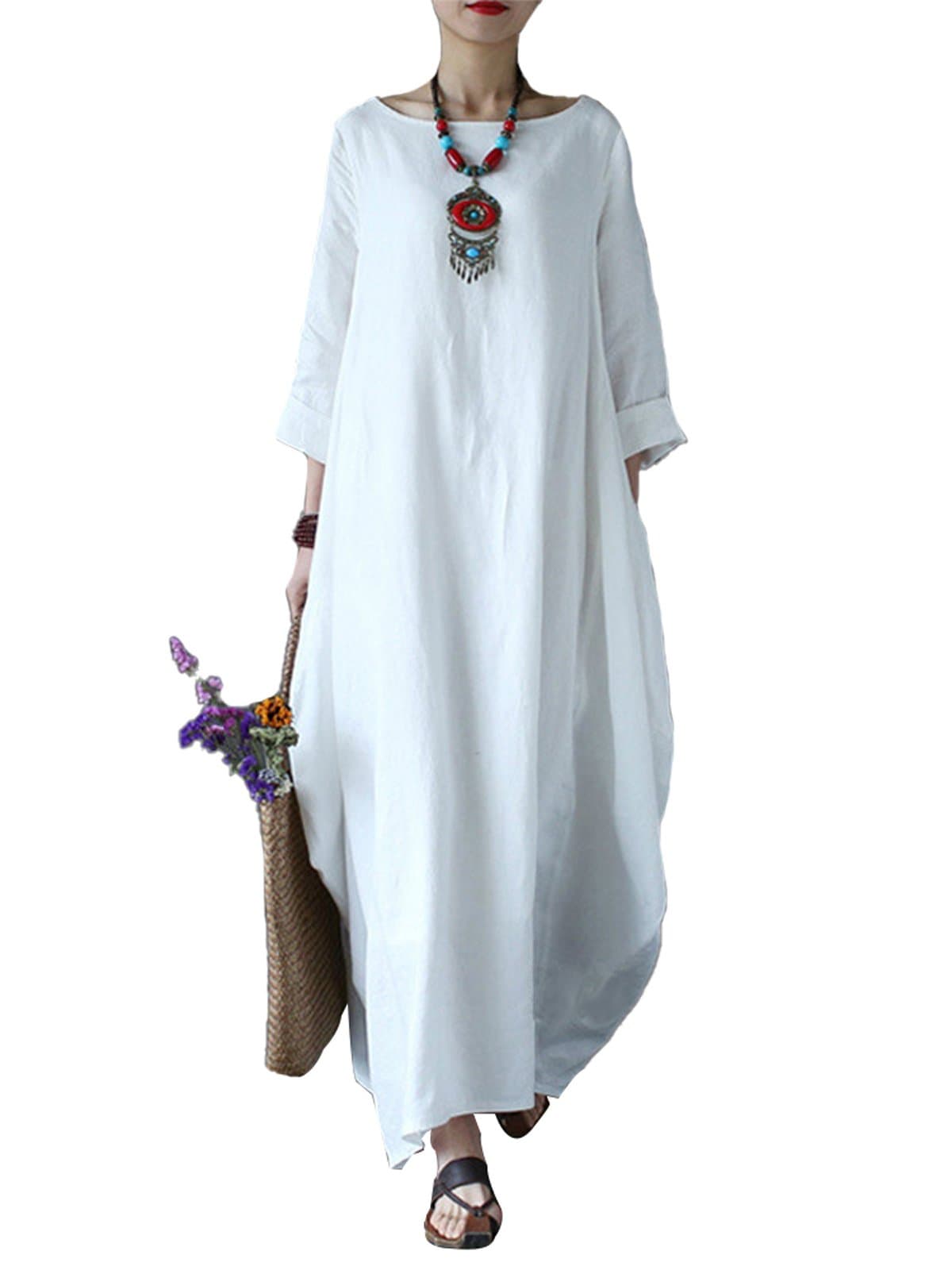Autumn Solid Loose Long Maxi Dress Cotton Caftan