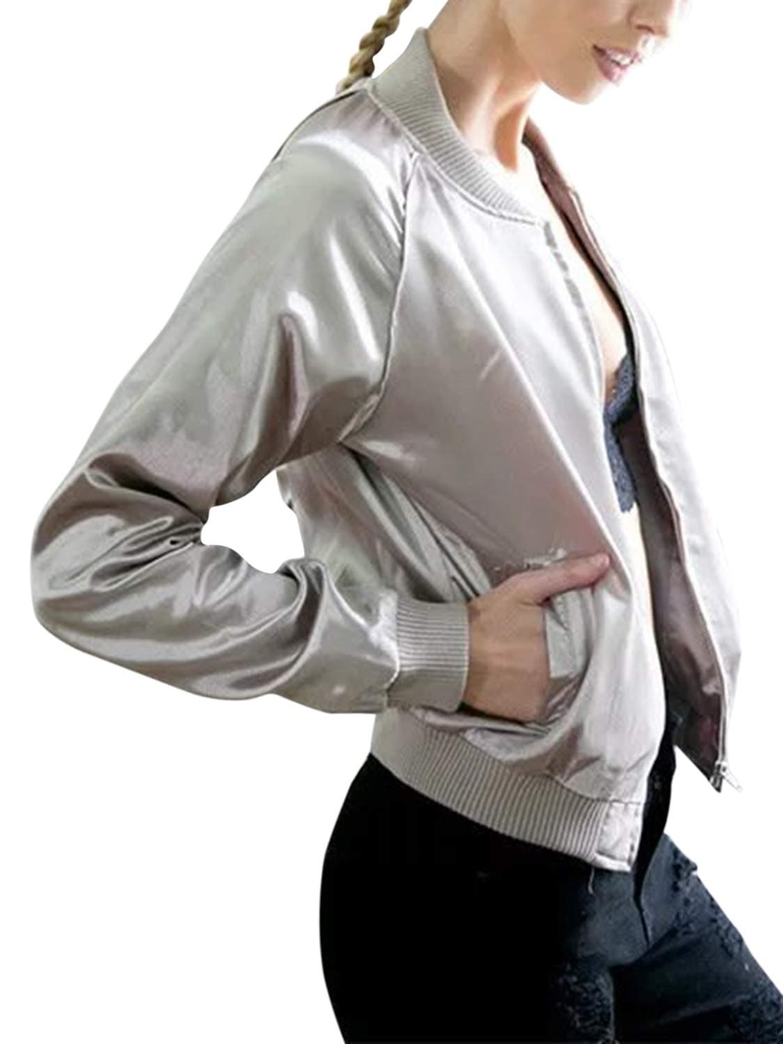Women's Bomber Jacket Zip Up Lightweight Classic Short Jacket Baseball Jacket Coat
