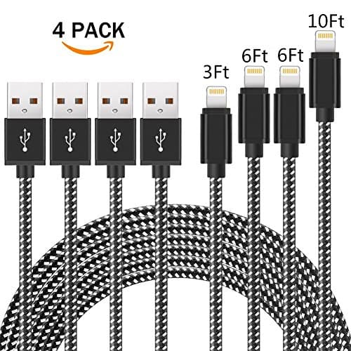 [4Pack] Lightning Cable, ADDAO [3FT 6FT 6FT 10FT] Charge Cable, Nylon Braided iPhone Lightning Cable to USB Charging and Syncing Cord Apple Charging for iPhone, iPad, iPod-White