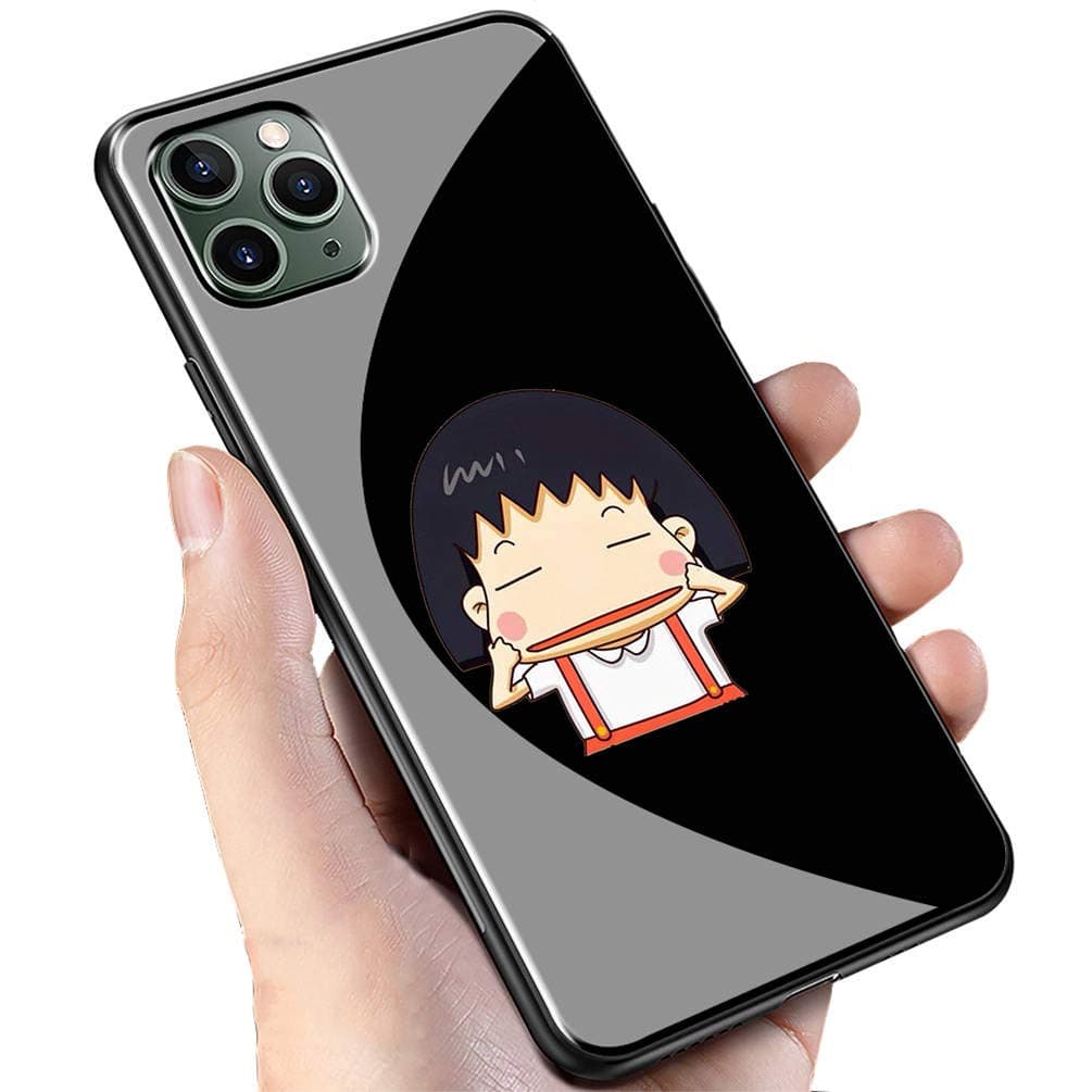 Luxury Black Cover for iPhone 11 Pro Max Phone Case,9H Tempered Glass Back Cover Soft Silicone Anti Scratch Bumper Design LC-73 Cherry Chibi Maruko chan Cartoon Protective Case