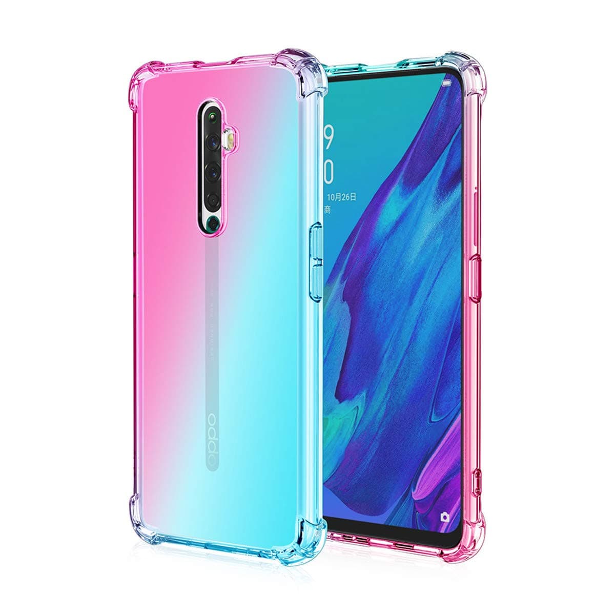 Adamarker Designed for Oppo Reno 2Z / Reno 2F Case Gradient Rainbow Crystal Clear Soft TPU Silicone Cover (Pink-Green)