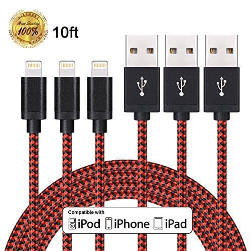 Winage 3Pack 10FT Nylon Braided Lightning Cable 8Pin to USB Charging Cable Cord with Aluminum Head Compatible with iPhone 7/ 7Plus, 6/6s/6 Plus/6s Plus/5/5c/5s/SE, iPad iPod Nano iPod Touch(Red&amp;Black)