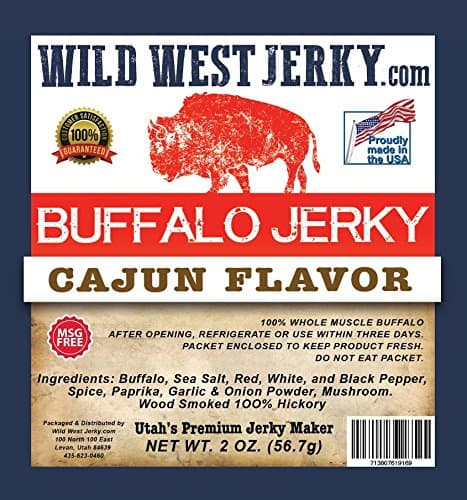 #1 BEST Premium 100% Natural Grass Fed Hand Stripped 2 OZ. Thick Cut Delicious Tasty Bold Flavor Buffalo Jerky from Utah USA – Wood smoked With Hickory Wood by Wild West Jerky (Cajun, Cajun 30 Pack)