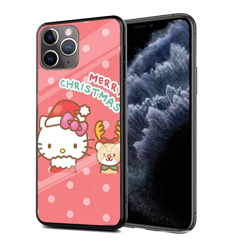 iPhone 11 Pro Case, Tempered Glass Back Cover + TPU Frame Hybrid Shell Hello Kitty Cute Cartoon Cases Silicone Shockproof Anti-Scratch Cover Compatible for Apple iPhone 11 Pro (5.8 inch)#C