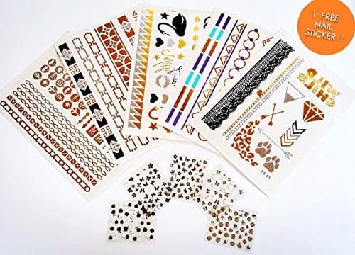 Premium Temporary Tattoos 5 Sheets | Metallic Gold, Silver, Turquoise Flash Tattoos for Women &amp; Girls | Over 80+ Tattoos | 1 Sheet for Bonus Nail Sticker