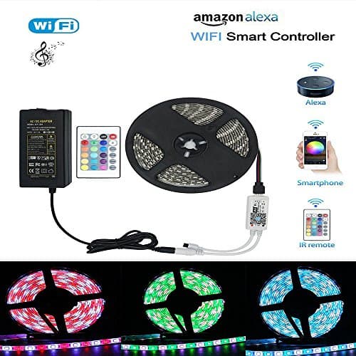 Wifi LED Lights Strip Kit work with Amazon Alexa, 16.4FT Waterproof RGBW 5050 LED Strip Light Music Light , APP Control &amp; IR Remote Control Work with Alexa Support Timer Voice/Music Control