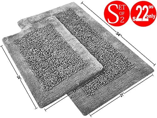 Value Homezz ( 2 Piece Bathmat Set ) Chenille 100% Super Soft Cotton Tufted Accent Bath Rugs Size 21 x 34 / 17 x 24 Non Skid High Absorbency &amp; Durable Machine washable Bath Mat (Grey)