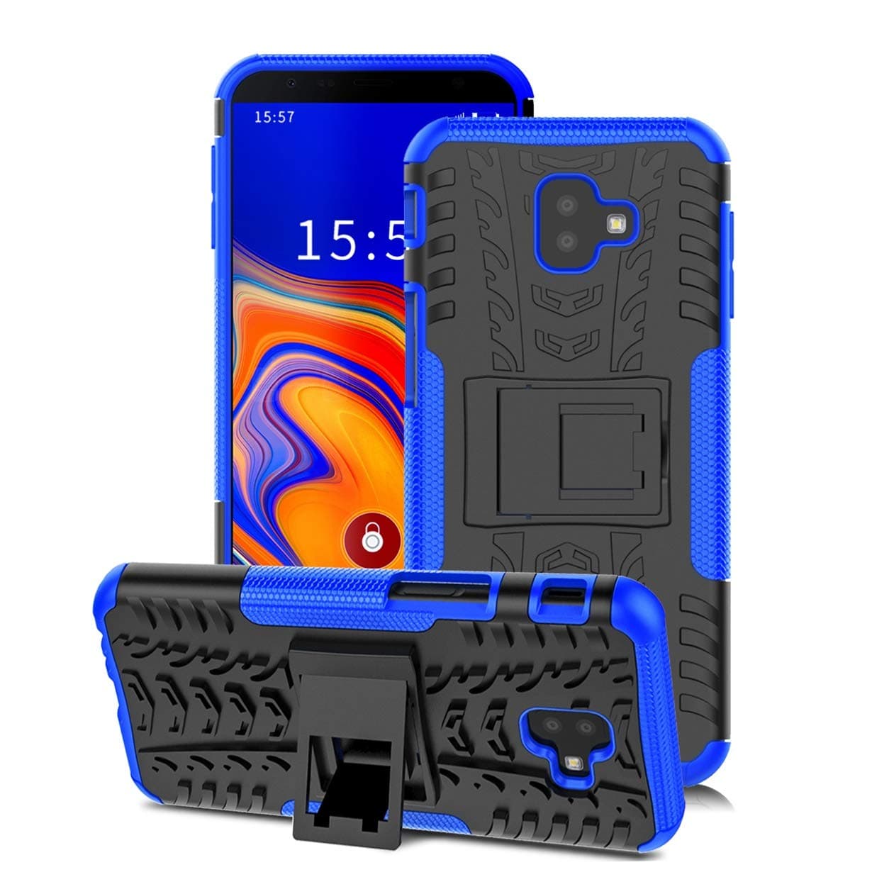 Numy Samsung Galaxy J6 Plus Case,Galaxy J4 Plus/J4 Prime/J4 Core Case,Dual Layer Shockproof,Highly Protective w Kickstand Hard PC & Soft TPU Phone Case,Attractive Tire Appearance-Blue