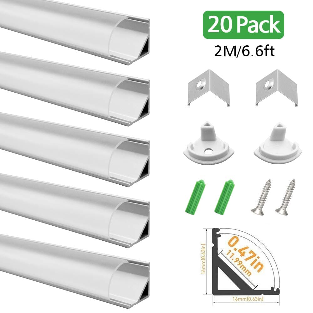 Lightingwill Clear LED Aluminum Channel V Shape Corner Mounted 6.6Ft/2M 20 Pack Sliver Extrusion for <12mm 5050 3528 LED Flex/Hard Strip Lights with Covers, End Caps, and Mounting Clips TP-V02S20