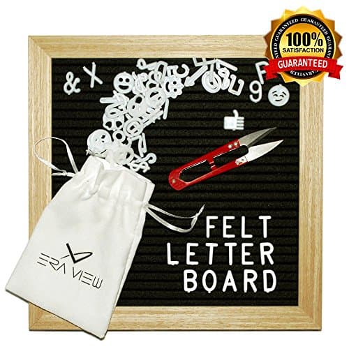 Changeable Black Felt Letter Board 10x10 Inch Premium Solid Oak Wood Frame - 340 White Plastic Letters & Special Characters, Includes Numbers, Emojis, Punctuation, Mounting Hook, White Canvas Bag & Sp
