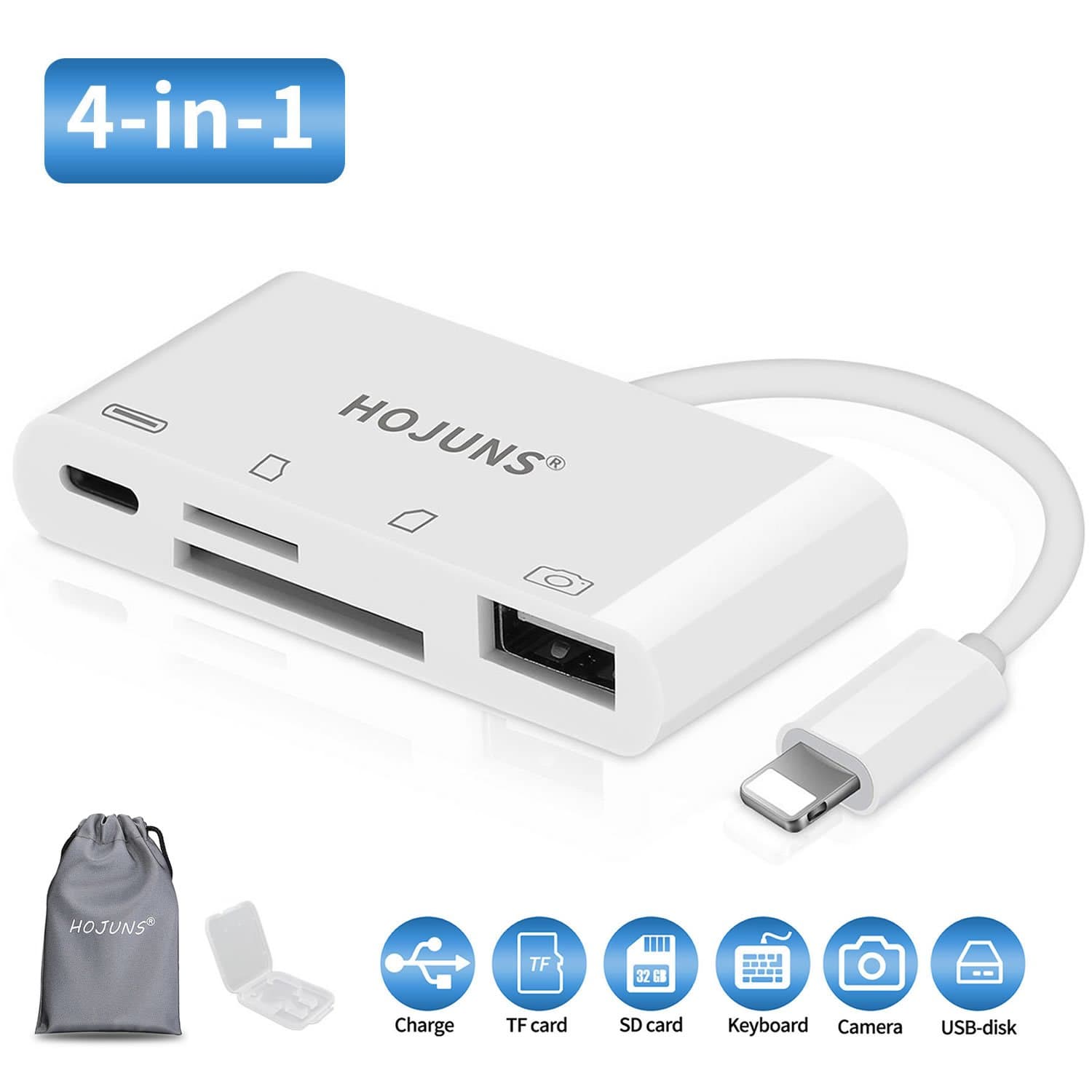 4 in 1 Lightning to USB Camera SD TF Card Reader Adapter HOJUNS Trail Game Camera Connection Kit, Lighting to USB 2.0 Female OTG Adapter Cable for iPhone iPad Series, Support IOS 9.1 to IOS 11