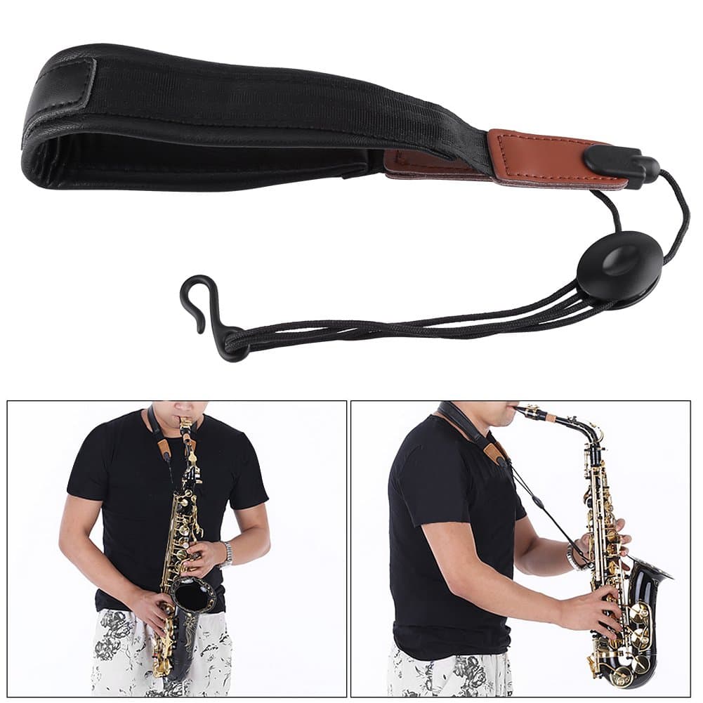 Soulong Adjustable PU Leather Neck Strap with Hook and Shoulder Strap for Saxophone Black