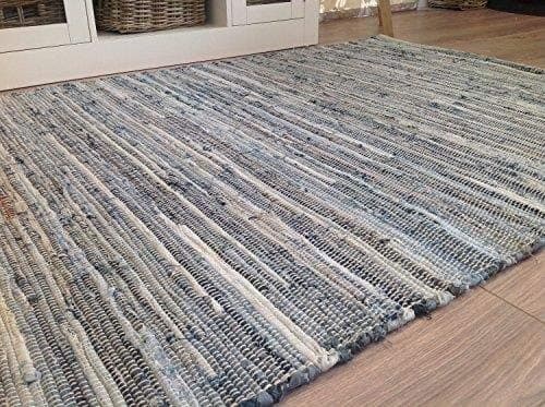 Second Nature Online Extra Large Denim Blue Pale Thick Weave Rag Rug Hand Loomed with Fabric Strips 150 cm x 240 cm