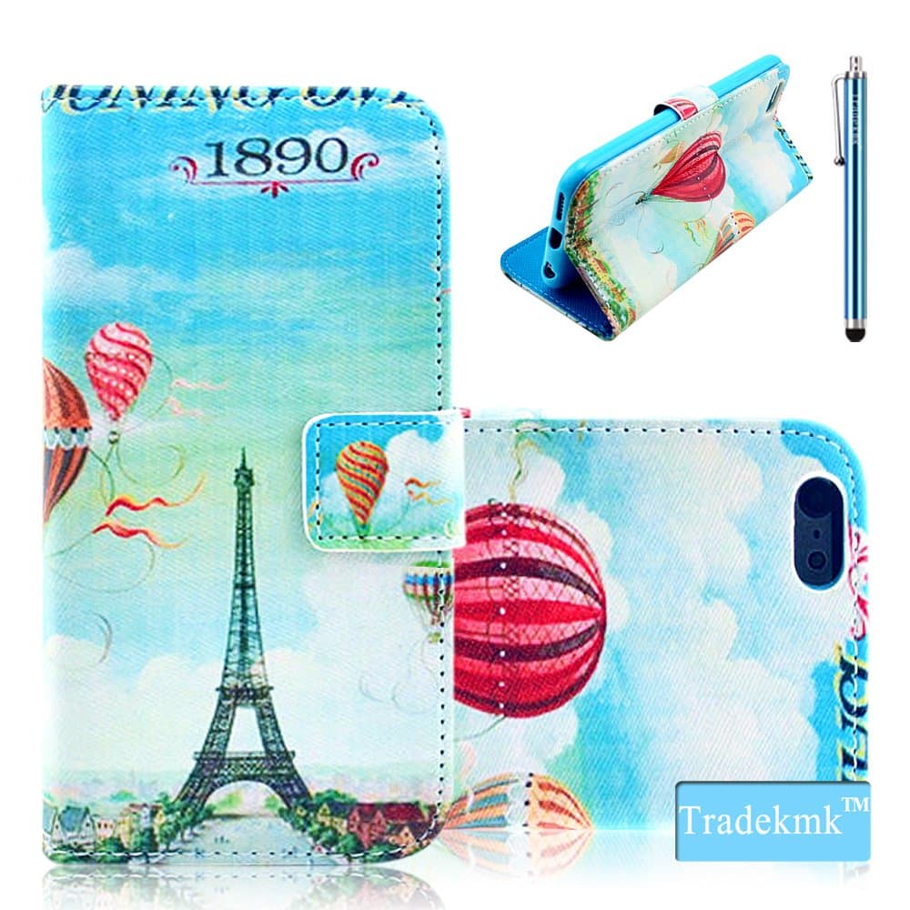 iphone 6S Plus Case,iphone 6 Plus Case, Tradekmk(TM) Fashion Red Hot Balloon Eiffel Tower Pattern Premium PU Leather Slim Fit Folio Magnet Wallet Stand Shell Cover Case with Card Holders Compatible with Apple iPhone 6 6S Plus(5.5)[+Stylus]