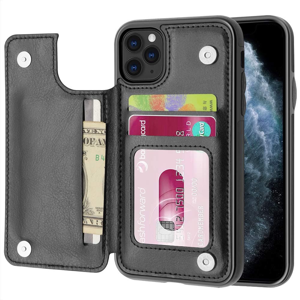 MMHUO Wallet Case for iPhone 11 Pro, Durable PU Leather iPhone 11 Pro Case with Credit Card Holders Double Magnetic Snaps Flip Folio Anti-Scratch Protective Case for iPhone 11 Pro (2019) - Black