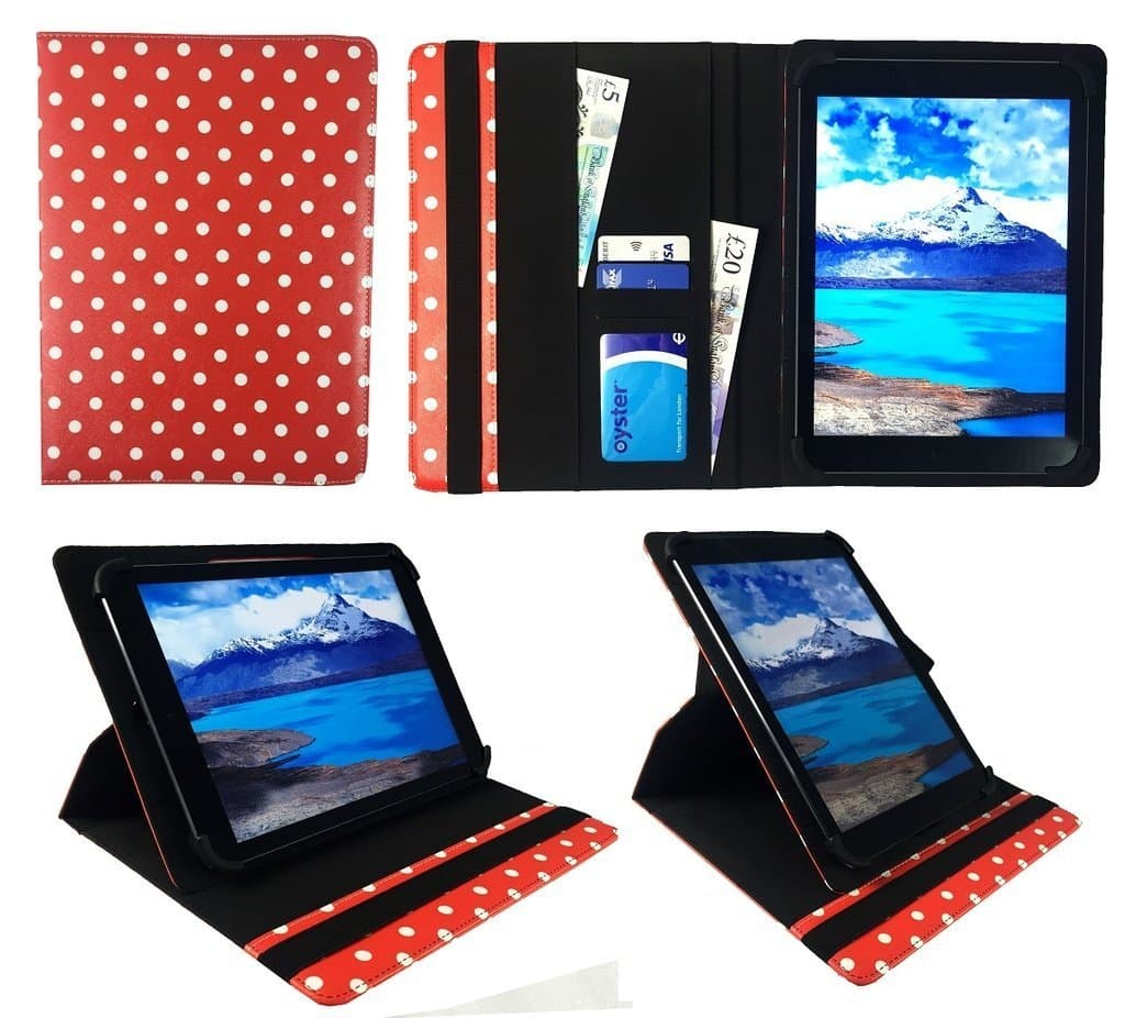Sweet Tech Teclast T10 Tablet PC 10.1 Inch Tablet Red Polka Universal 360 Degree Rotating PU Leather Wallet Case Cover Folio (9-10 inch)
