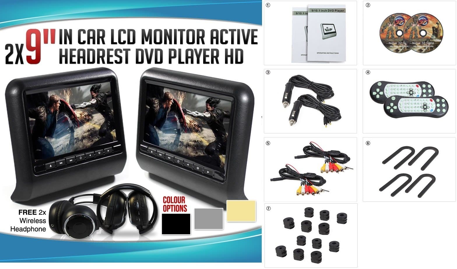 2018 Dual 9" Digital Headrest DVD Player Monitors High Resolution Color LCD Display Adjustable Portable Automobile Car Headphones