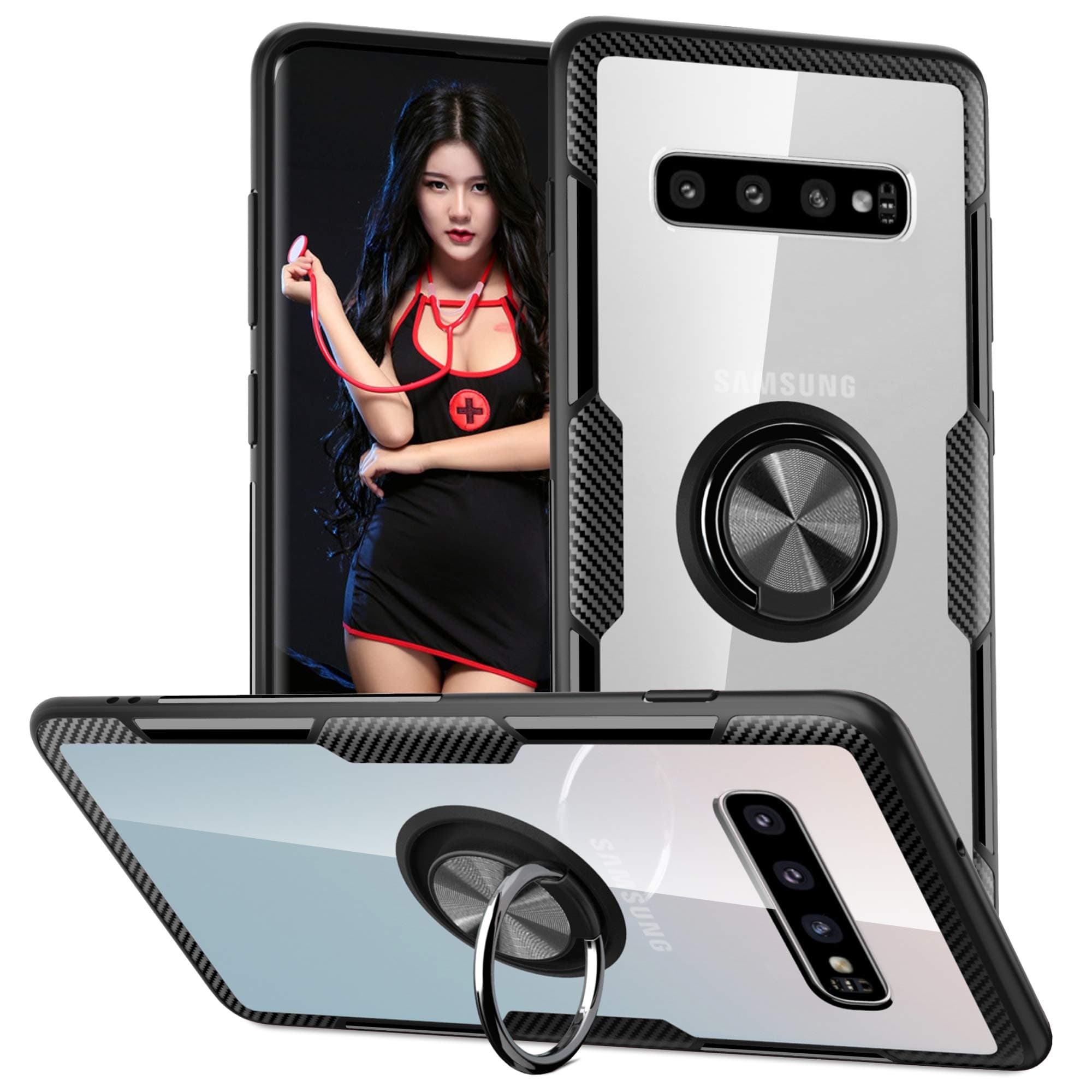 Qseel for Samsung Galaxy S10 Plus Clear Ring Armor Case, One-Piece Shockproof Hybrid Defender Combined with High-Density TPU Rim, Hard Crystal PC Panel and Built-in Ring Holder (Galaxy S10+, Black)