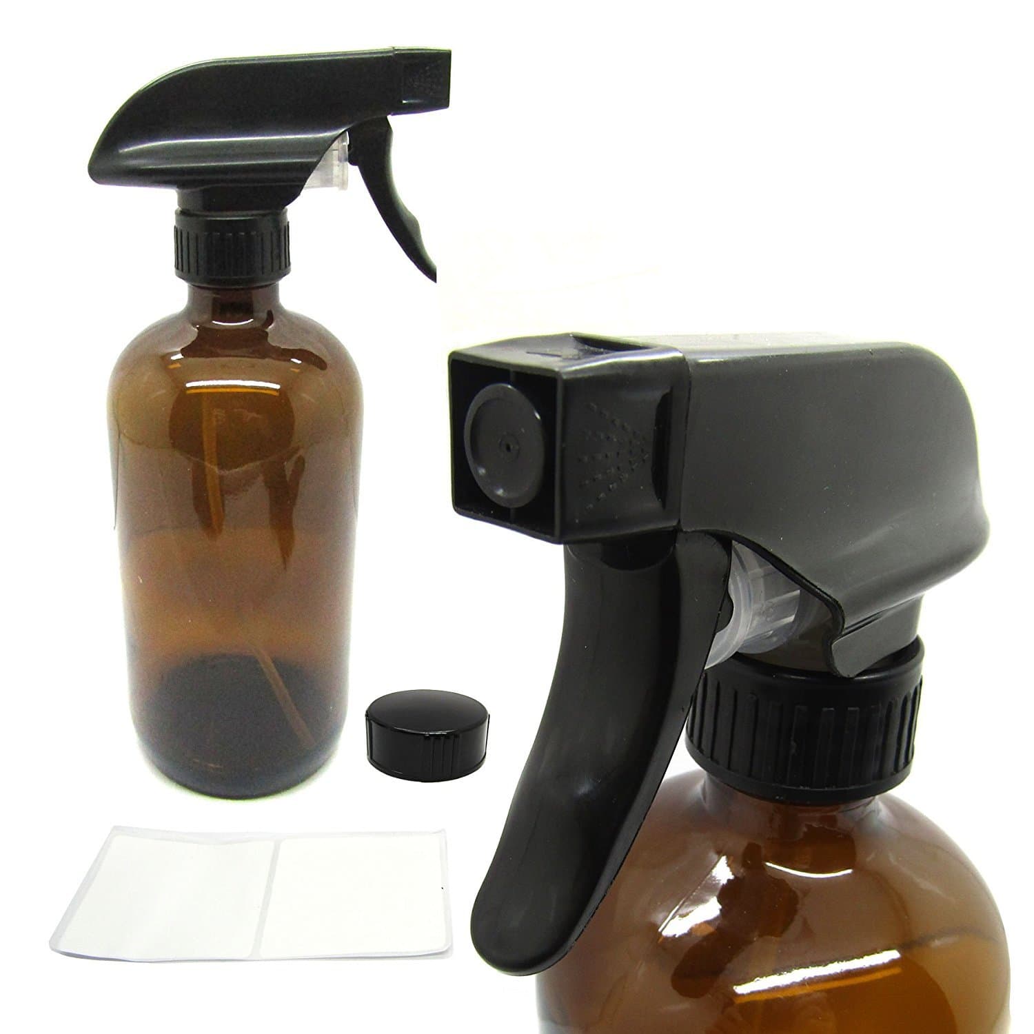 16oz Empty Amber Boston Round Glass Bottles (2Pack) with 2 two Function (Mist & Stream) Sprayer and 2 Storage Caps. Multipurpose Use : For Essential oil, Beauty Product