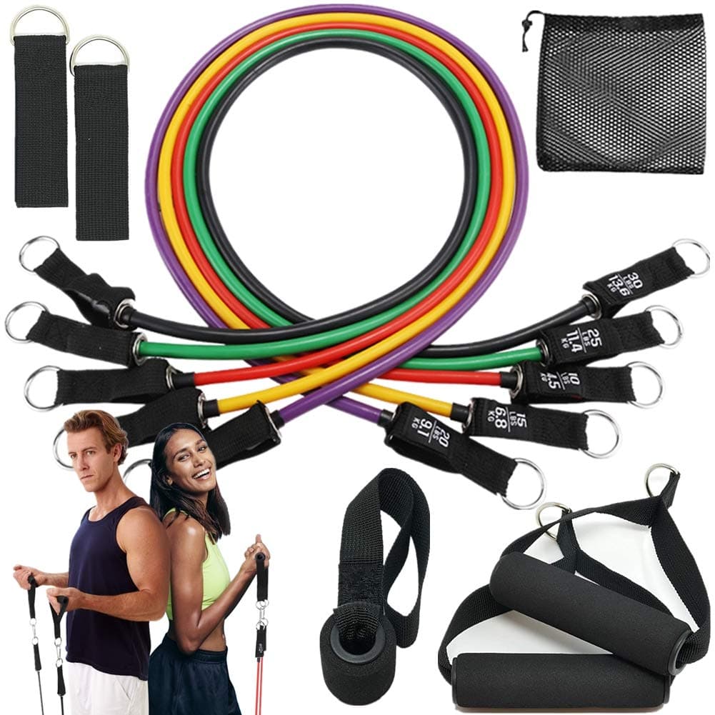 homtuzan Resistance Bands Set 12 Pcs with 5 Stackable Exercise Bands Handles Carry Bag Door Anchor Ankle Straps Guide Book for Resistance Training Physical Therapy Home Workouts Yoga 100 LBS