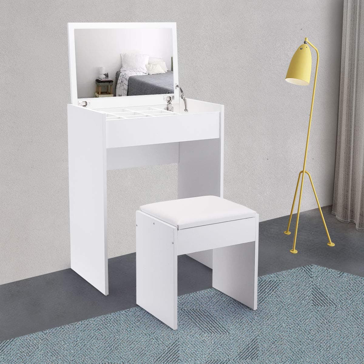 JAXSUNNY Makeup Vanity Table Set with Flip up Mirror Top, Cushioned Stool and Partitioned Storage,Bedroom Furniture,for Women Or Girls,White