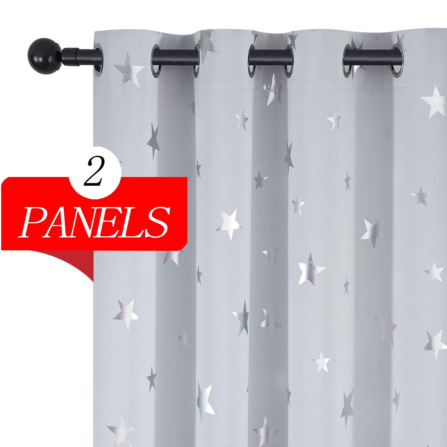 Estelar Textiler White Curtains Star Print Pattern Blackout Thermal Insulated Window Curtains for Kids Room Greyish White 38W×63L Inch Length Set of 2