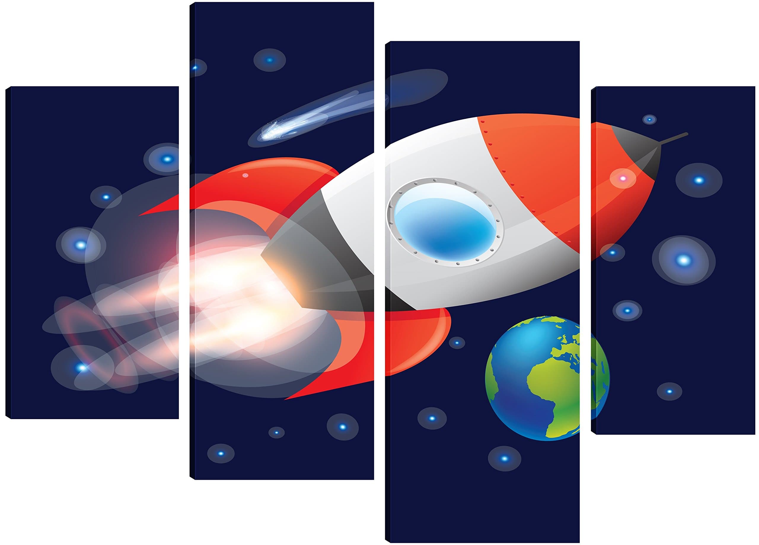 A Rocket Shooting Past Planet Earth In Space- Canvas Art For Children's room - 4 Split Panel Design 71cm x 101cm - FREE HANGING KIT INCLUDED