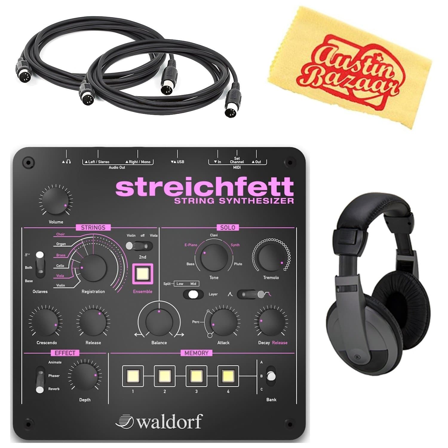 Waldorf Streichfett String Synthesizer Bundle with Headphones, MIDI Cable, and Austin Bazaar Polishing Cloth
