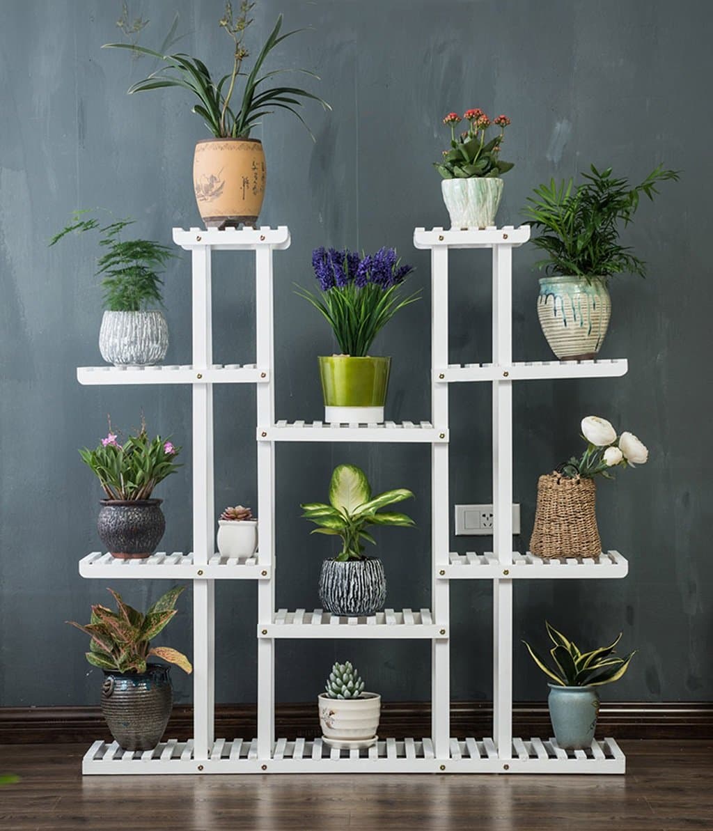 ZENGAI Solid Wood Flower Racks Multilayer Pulley Flower Pot Display Stand, 2 Colors, 47.2 Inches High (Color : White, Size : Without wheels)