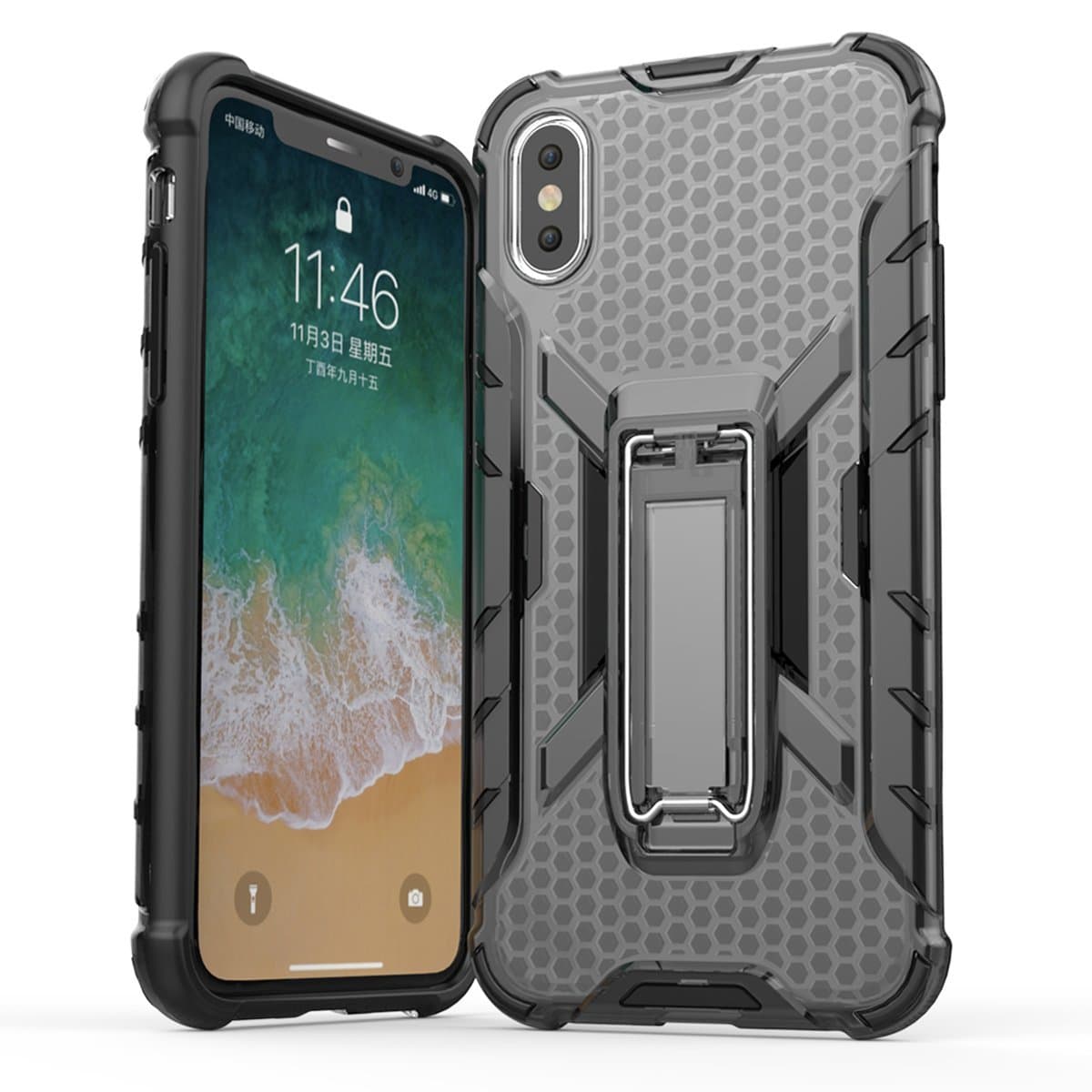 Apple iPhone X Case, BearDaDa Kickstand Cover with Reinforced Corners, Black TPU with Anti-Scratch Hard PC Transparent Back Panel for iPhone X(2017 Release) - Crystal Grey