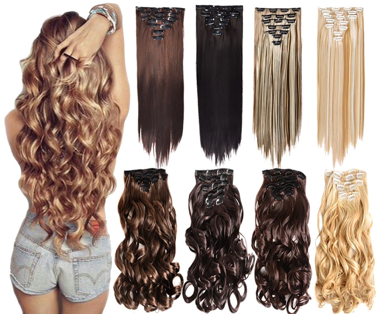 Inaly 7Pcs 16 Clips 20-24 Inch Thick Double Weft Full Head Clip in Hair Extensions Curly Straight Wavy Hairpiece 8 colors (20" Body Wave, 2-30 Brown)