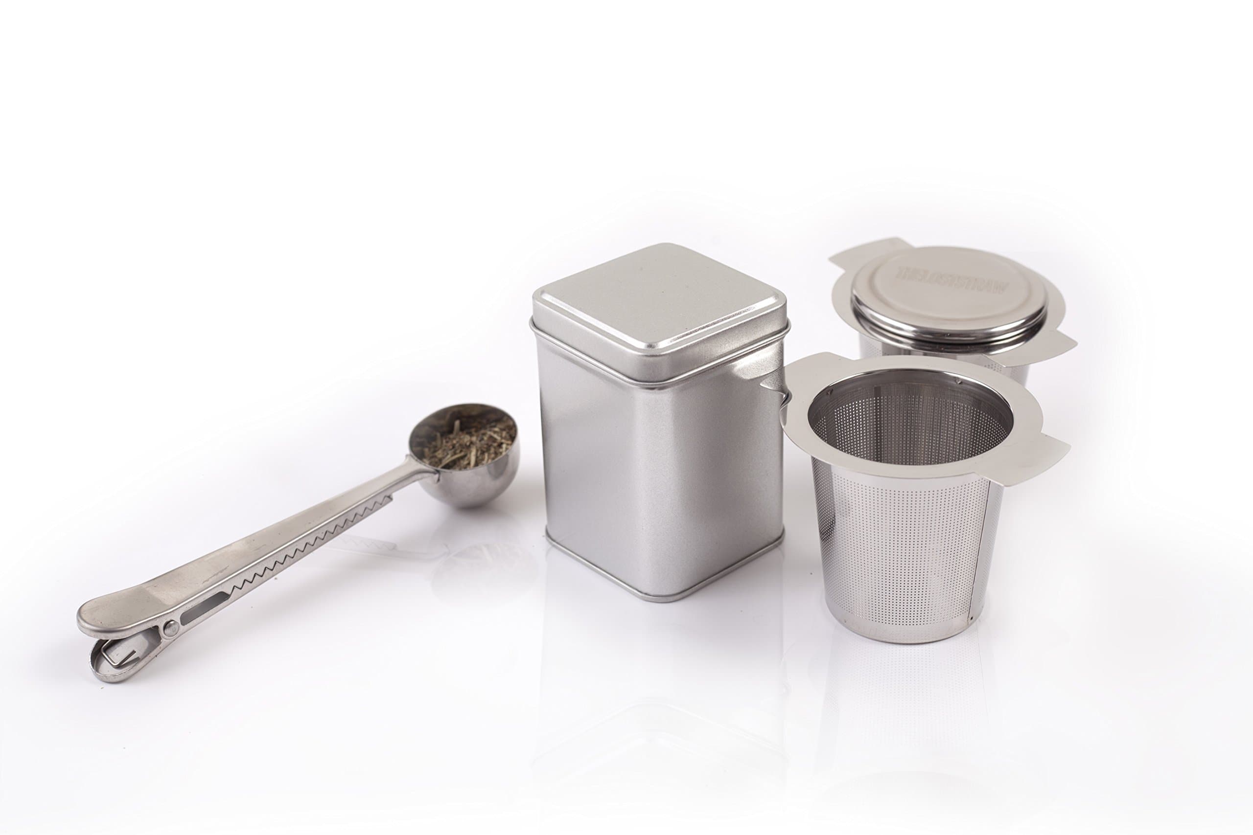 The Lost Straw Stainless Steel Single Cup Tea Strainer with Drip Cup - Loose Tea Infuser Gift Set of 2 with Organic Loose Tea Holder and Perfect Tea Scoop